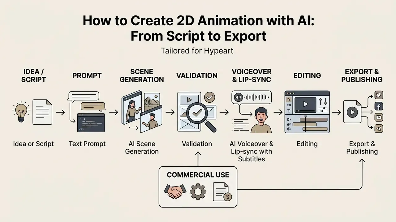 Flowchart depicting the production stages from initial script and prompt to final export and publishing