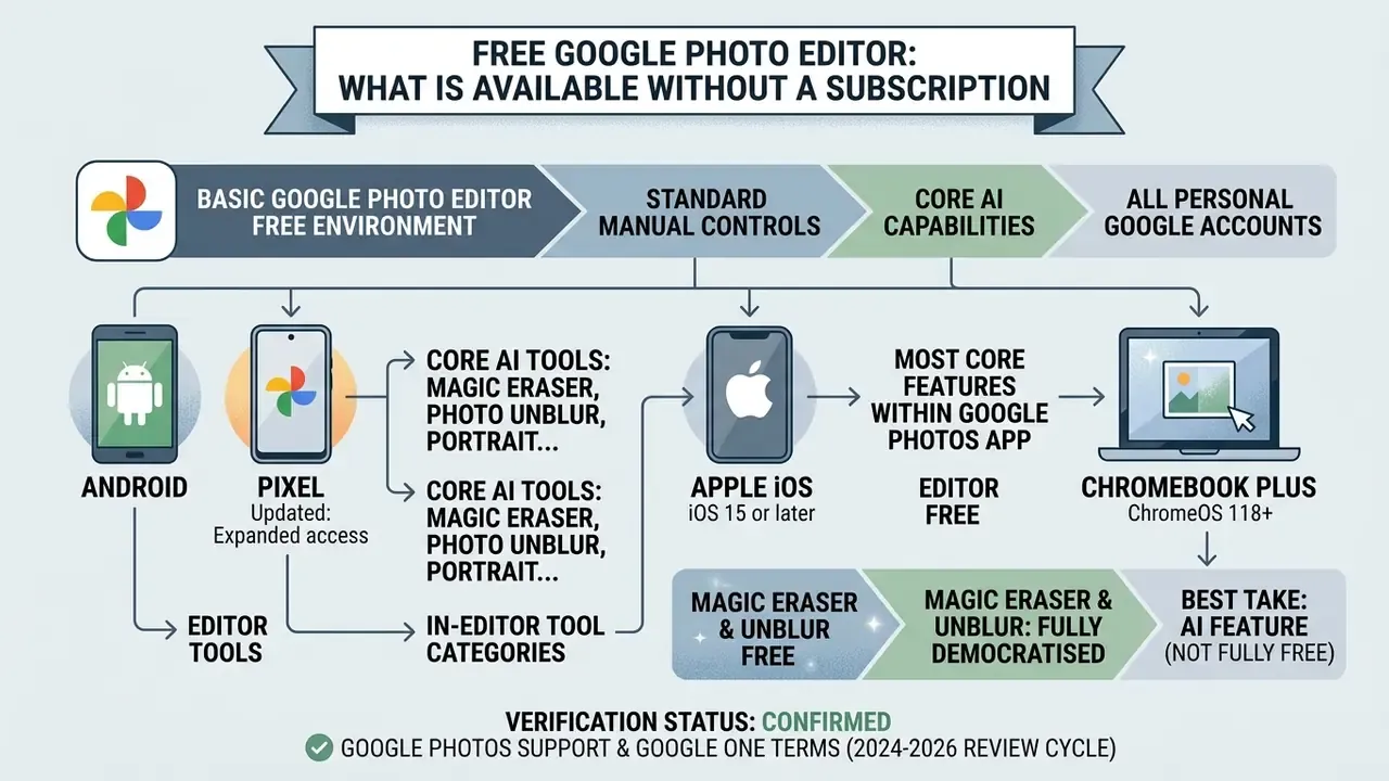 Diagram mapping free software access across Android, iOS, and Chromebook Plus hardware