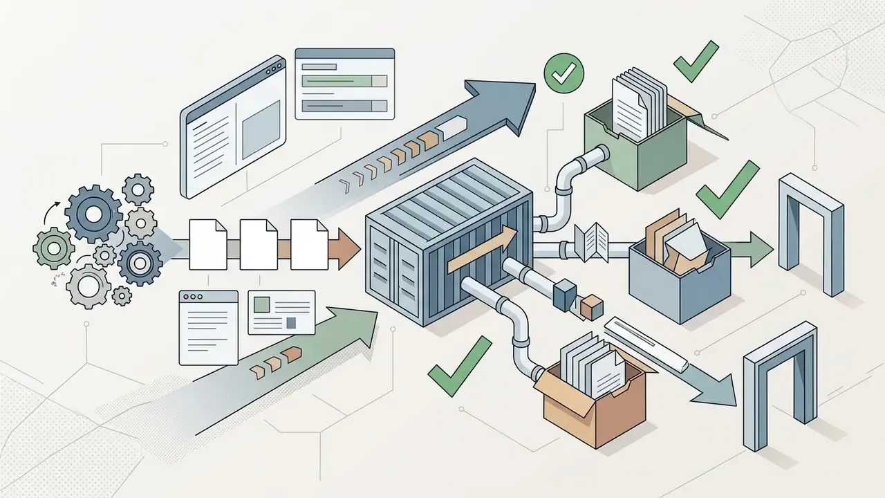 Gears and documents feeding into a shipping container that sorts assets into boxes for export