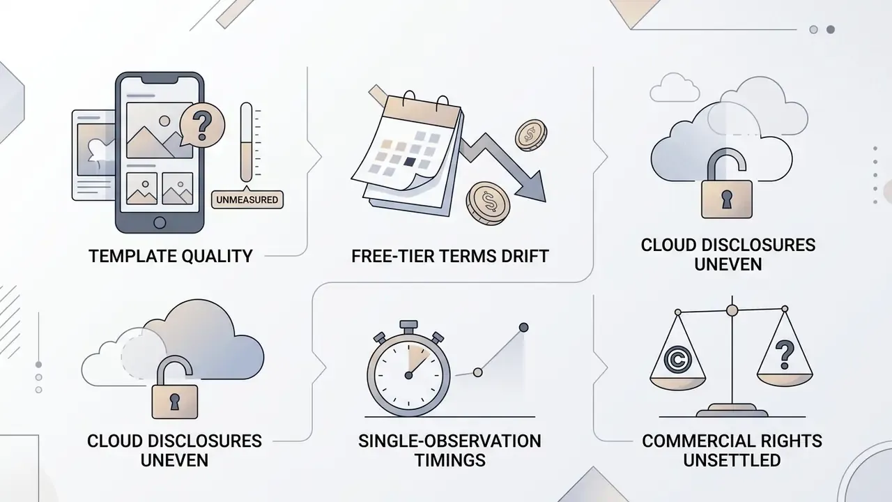 Summary of limitations for design apps including template quality, terms drift, and commercial rights