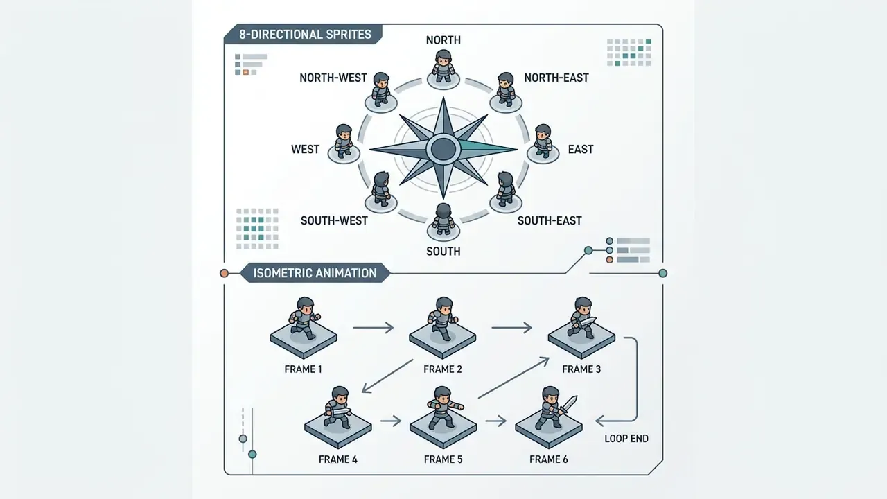 Compass arrangement of character sprites in eight directions above an isometric animation frame sequence