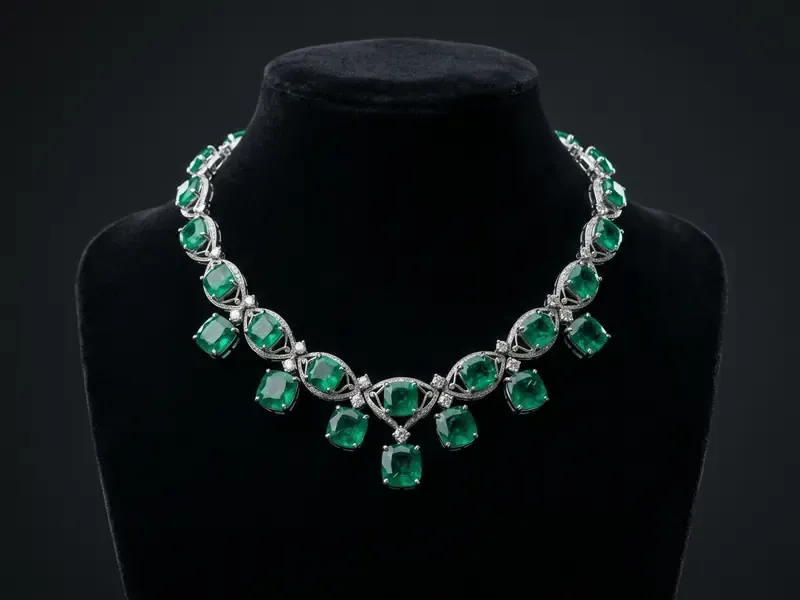 Luxury emerald necklace with diamond accents displayed on a black velvet mannequin bust