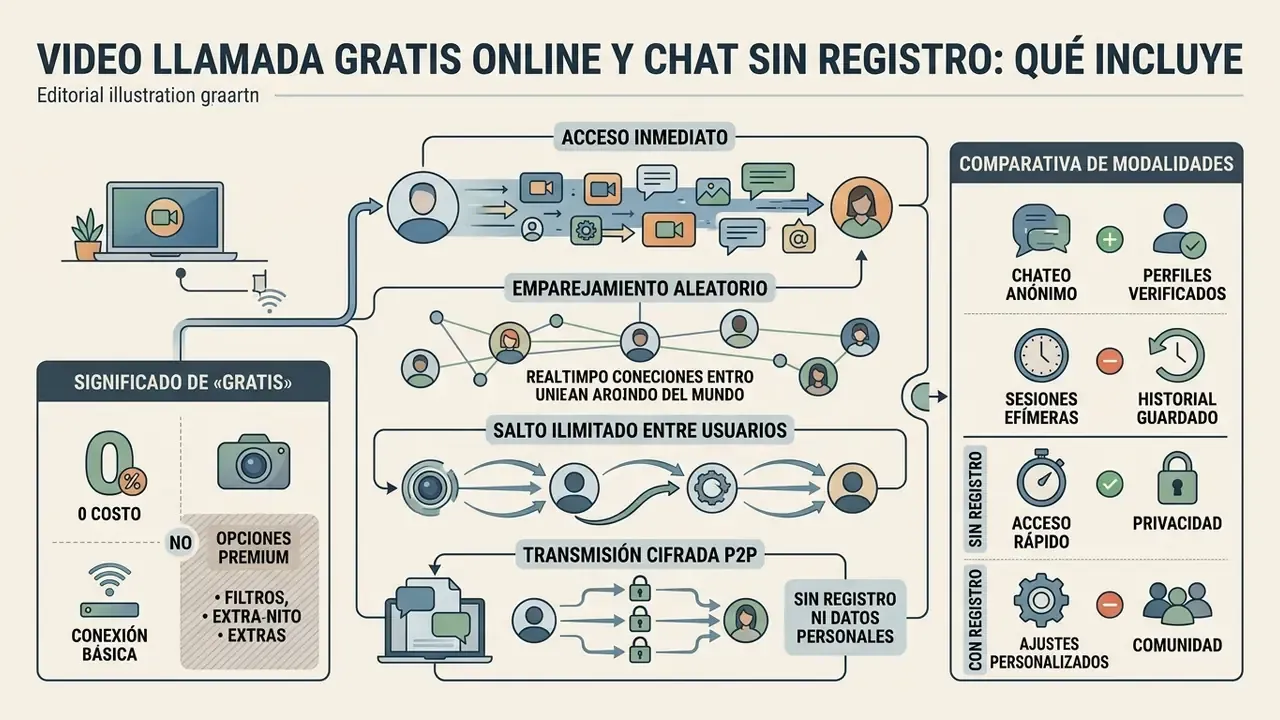 Diagram detailing features of anonymous video chat including random matching and encrypted connections