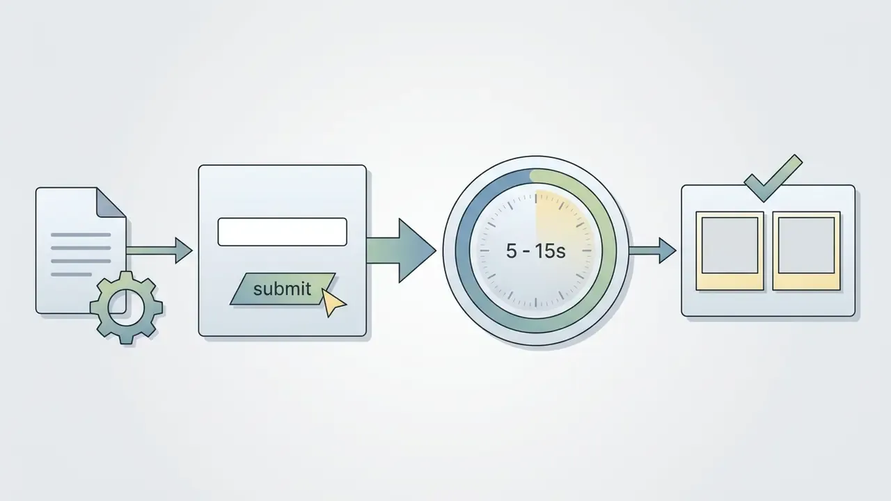 Document and gear icon leading to a submit button, a timer, and final image frames with a checkmark