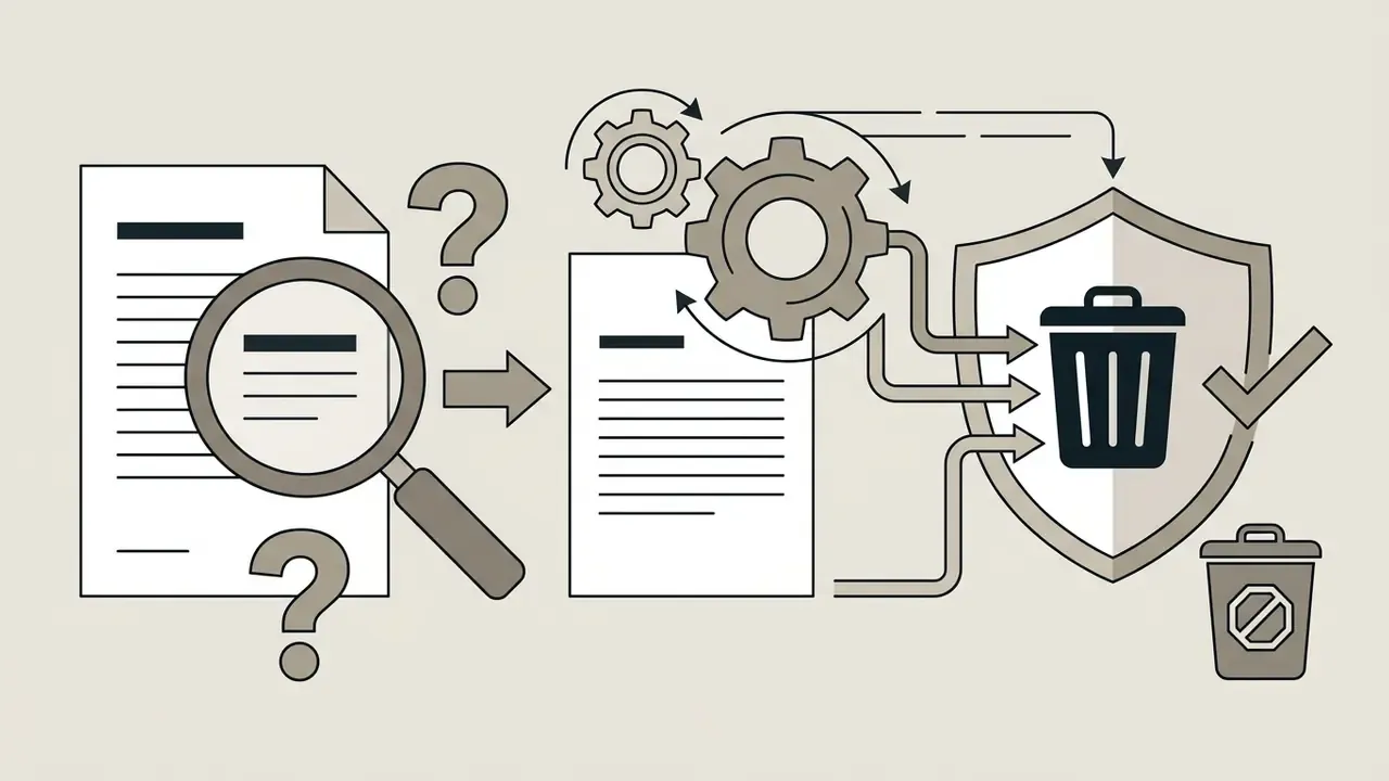 Document being inspected by a magnifying glass and processed through gears into a secure deletion shield
