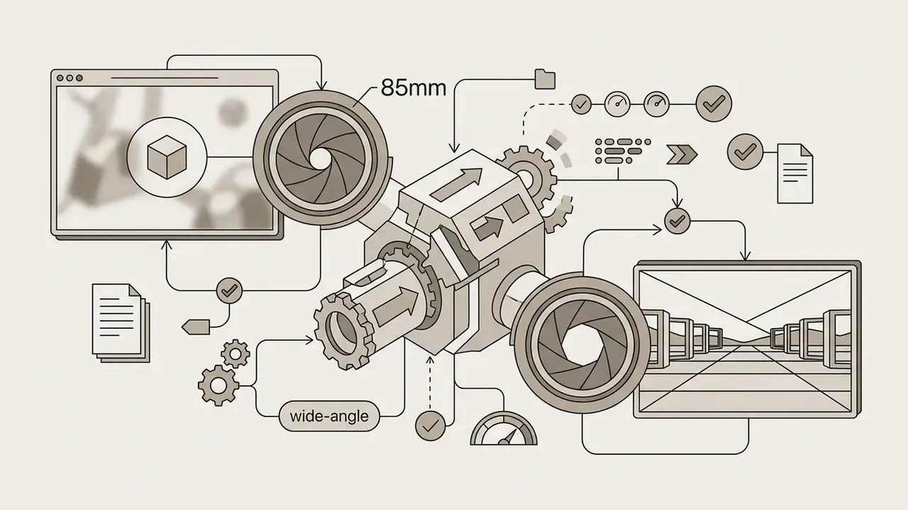 Mechanical engine connecting lens settings to digital displays for perspective and depth control