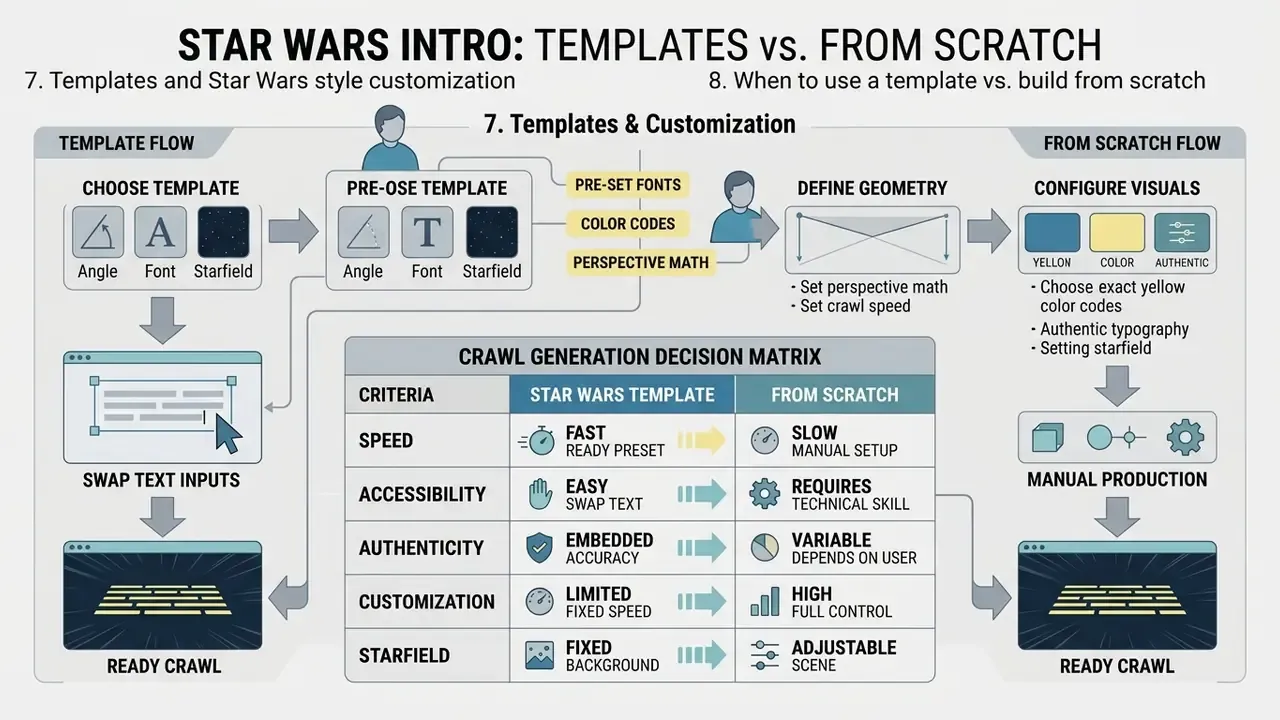 Comparison infographic between using a pre-set template and building a movie crawl from scratch