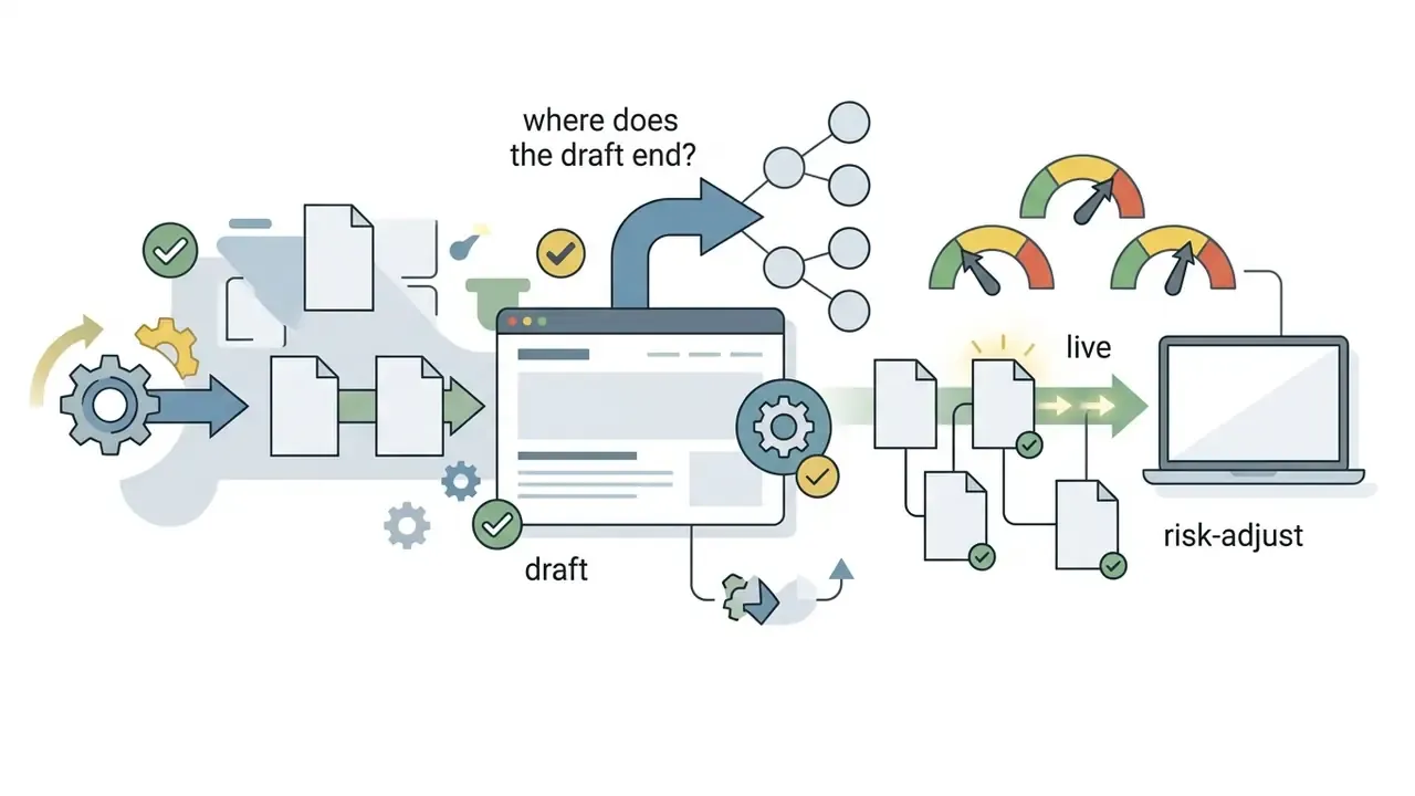 Visual path showing document drafts evolving into live web content with risk assessment gauges