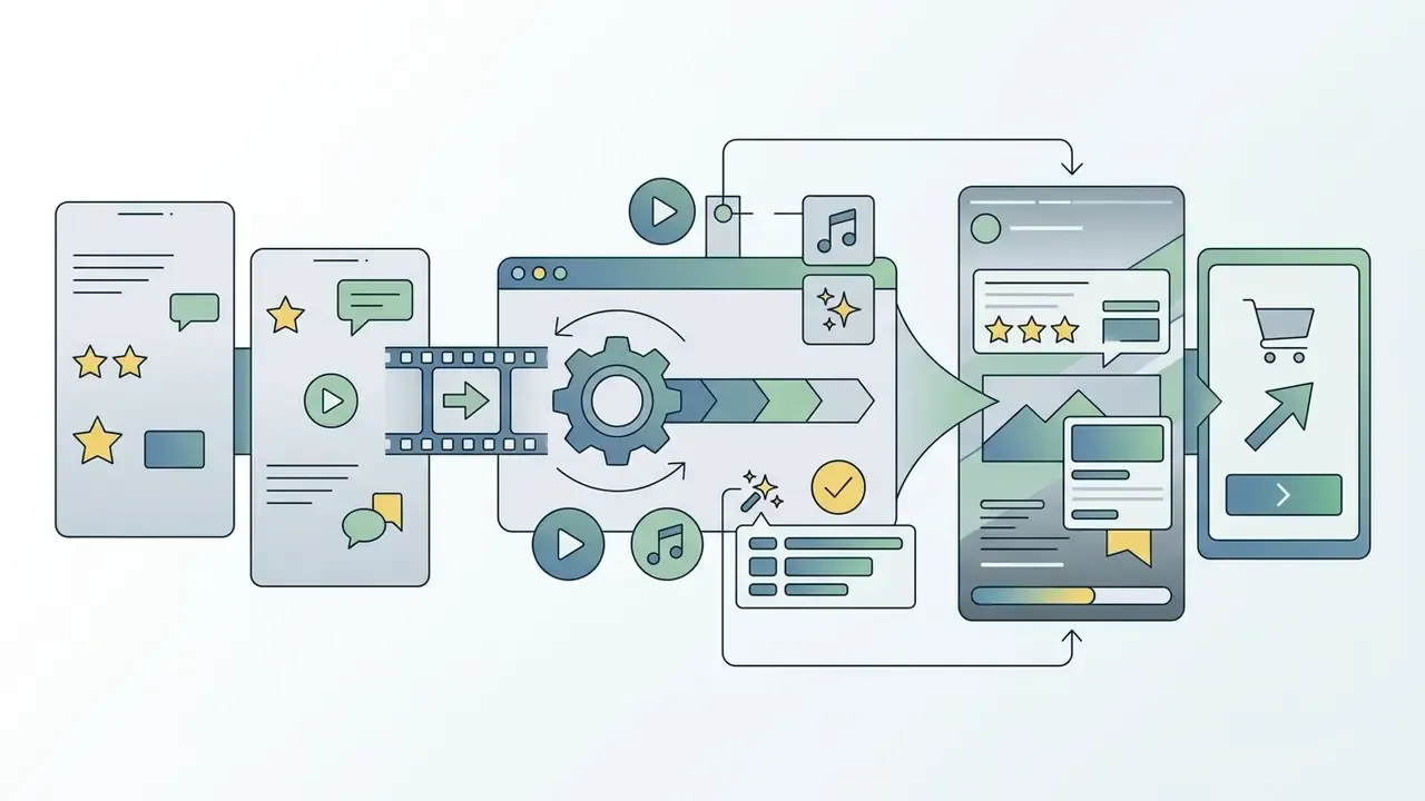 Process of transforming customer review clips into polished social ads with text and shop links