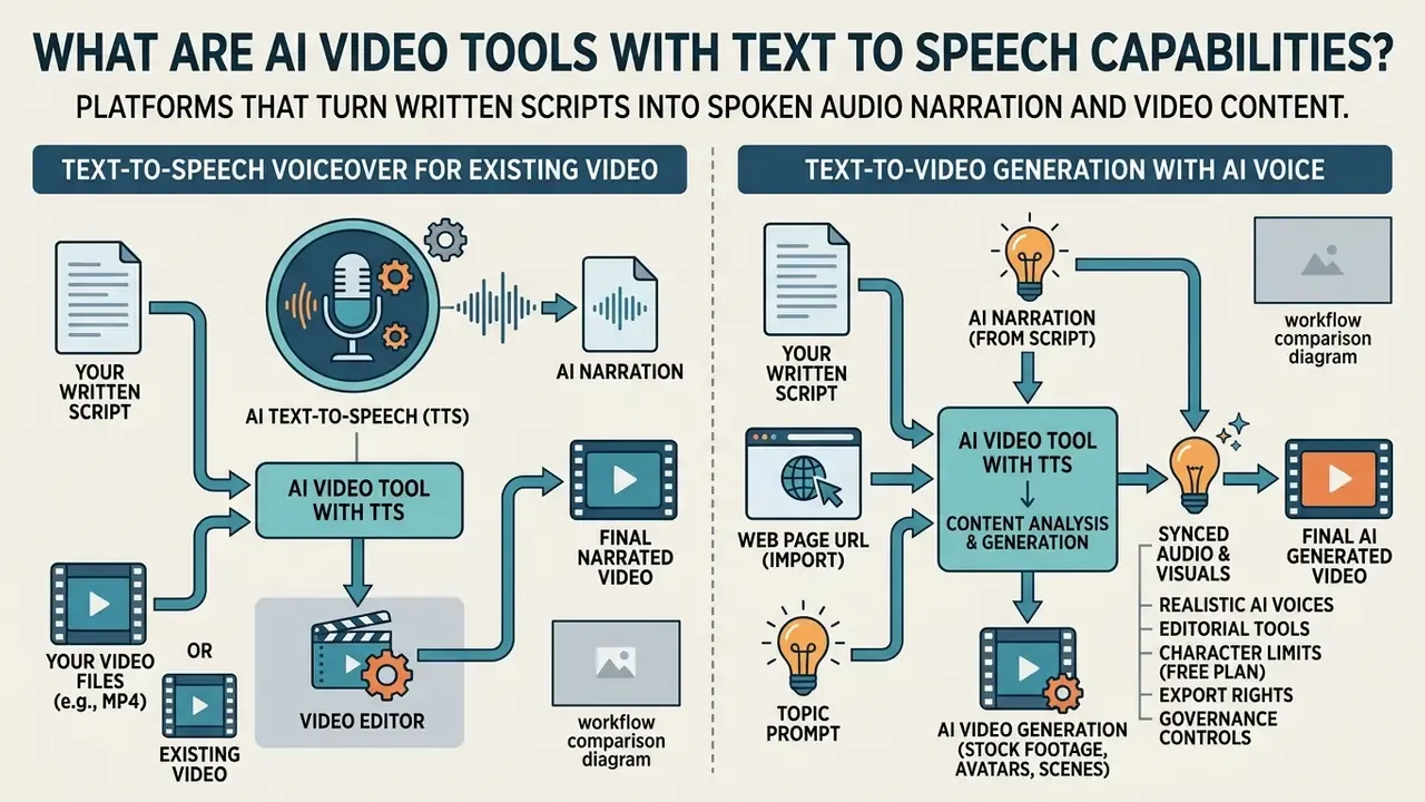 Flowchart comparing text-to-speech voiceover workflows and AI video generation processes