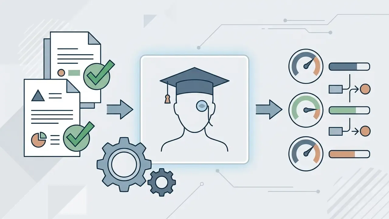 Documents feeding into a scholarly avatar with gears and gauges indicating performance metrics