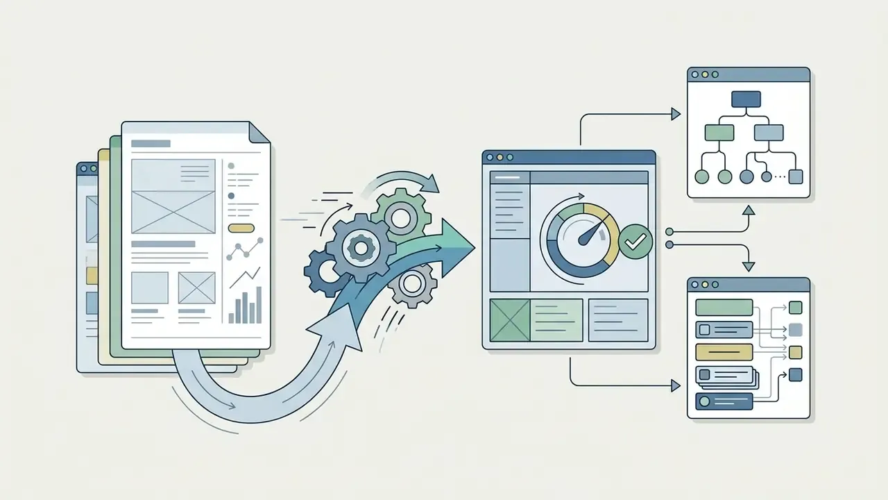 Wireframe documents moving through gears into a dashboard that branches into interactive site structures