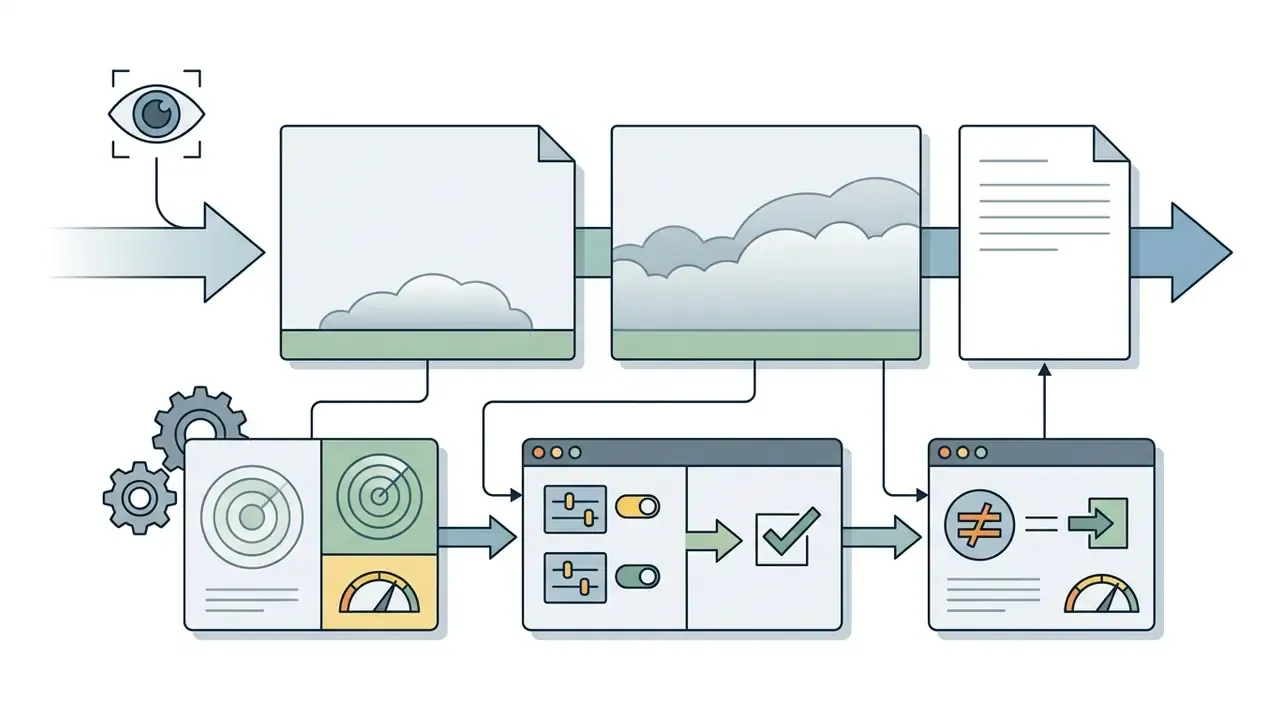 Visual sequence showing environmental changes being processed through settings and validation tools