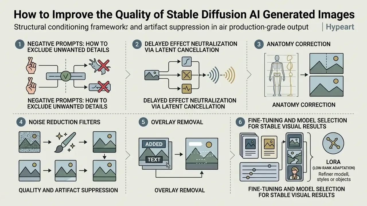 Six-step infographic detailing methods for artifact suppression and structural conditioning in AI generation