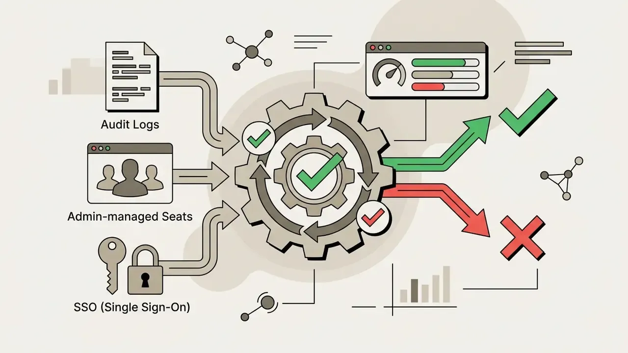 Gears processing audit logs, admin seats, and SSO inputs to determine pass or fail outcomes