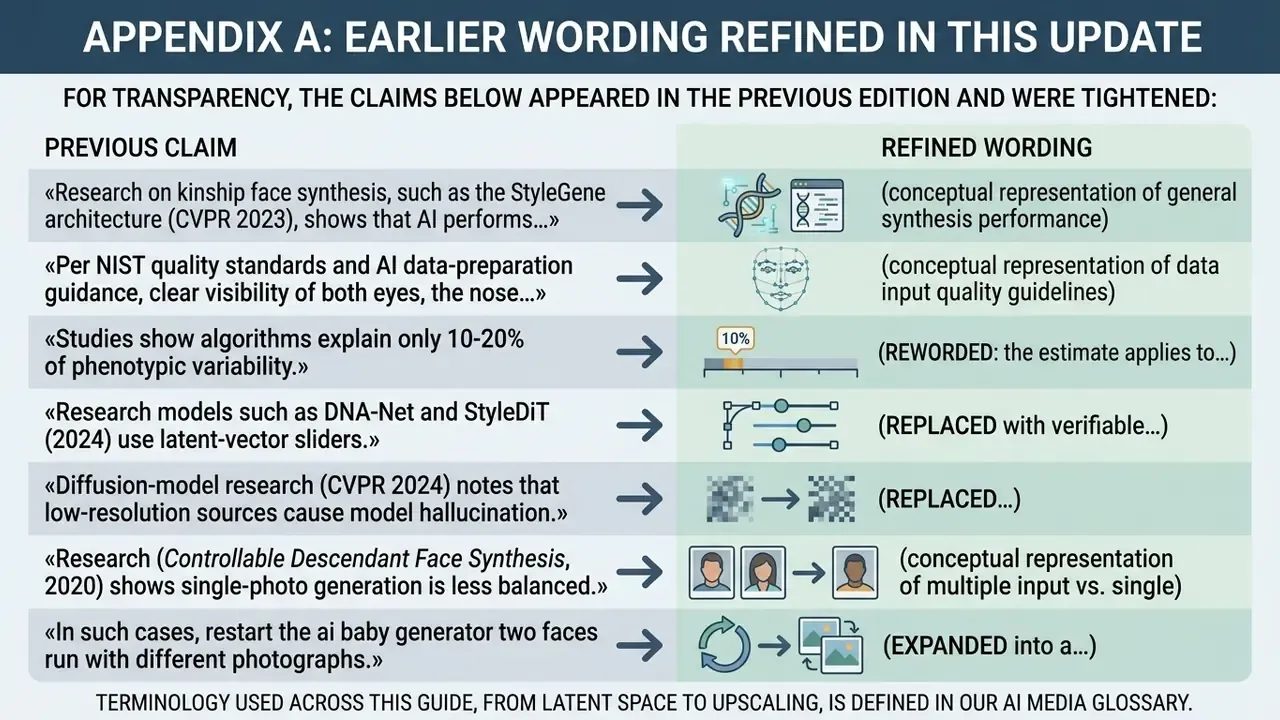 Table comparing previous research claims with refined wording alongside corresponding conceptual icons