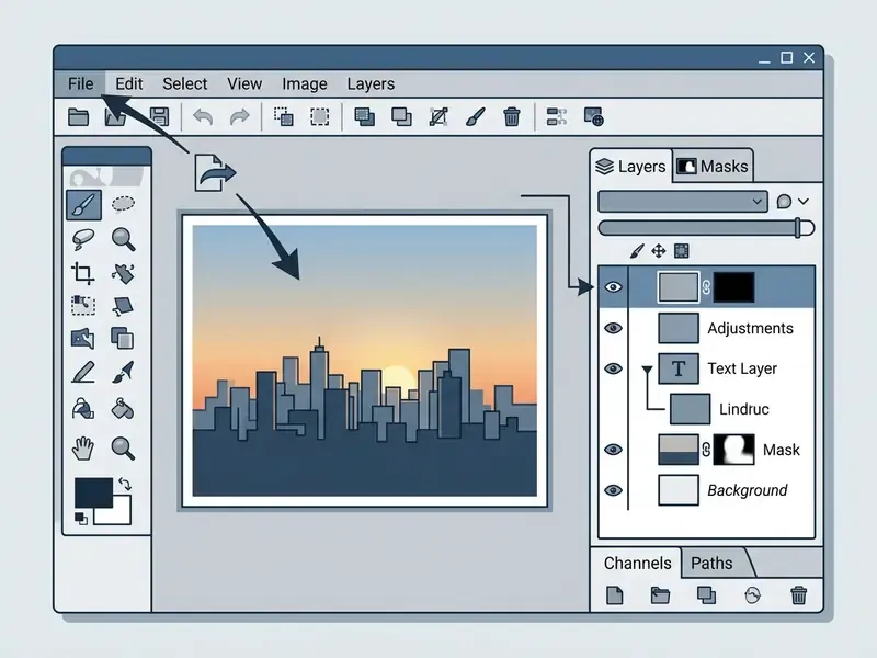Software interface layout featuring a central canvas, a left-side toolbox, and a right-side layers panel