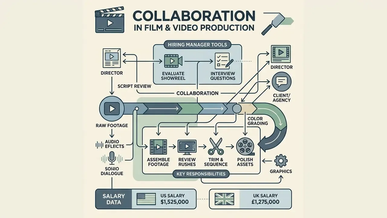 Diagram mapping collaboration between stakeholders, post-production responsibilities, and salary data