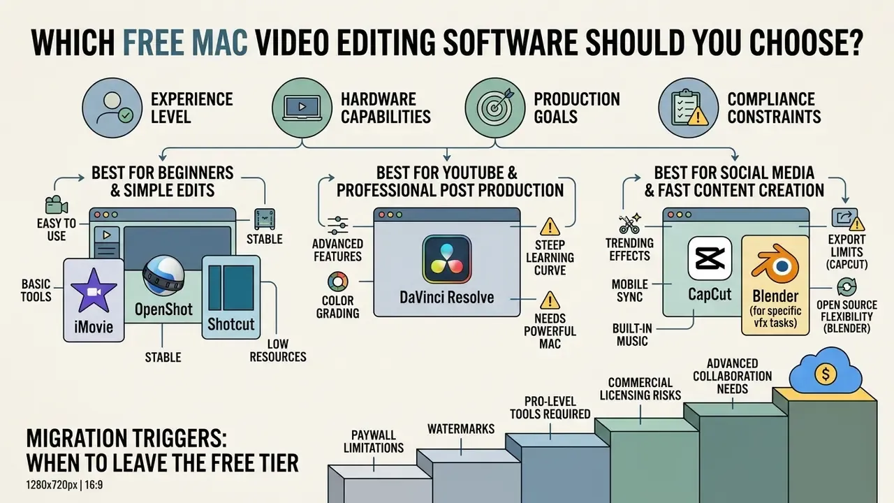 Decision tree categorizing free Mac video editing software by user needs and migration triggers