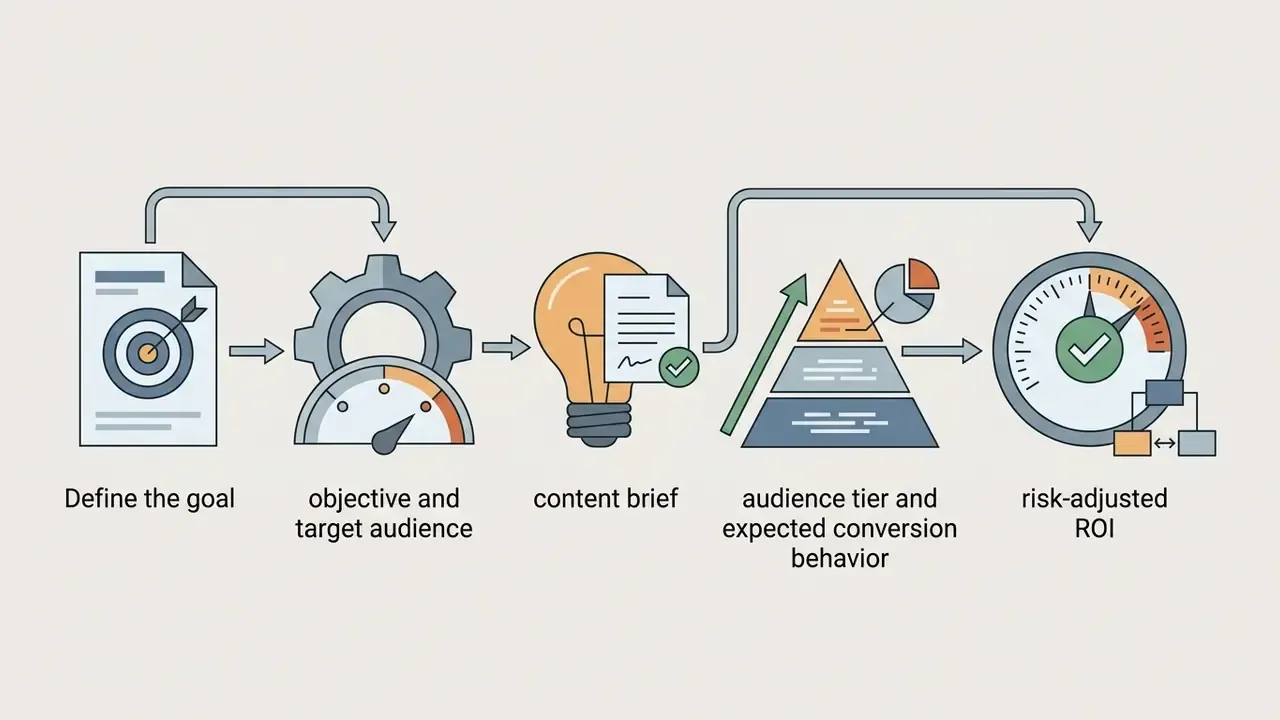 Five icons representing a progression from goal definition to objective, content brief, audience, and ROI