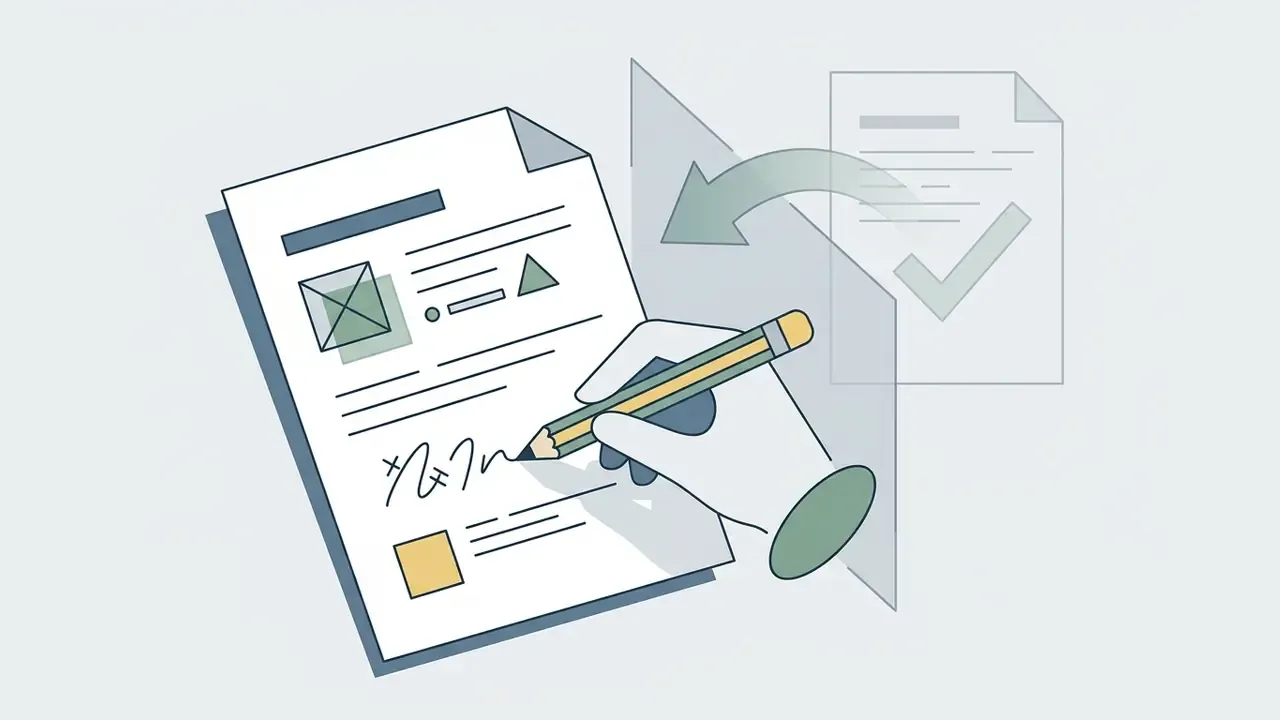 Hand writing on a document while referencing a completed file with a checkmark as an AI homework helper