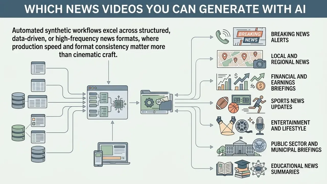 Diagram showing data sources feeding into AI video generation workflows for various news formats