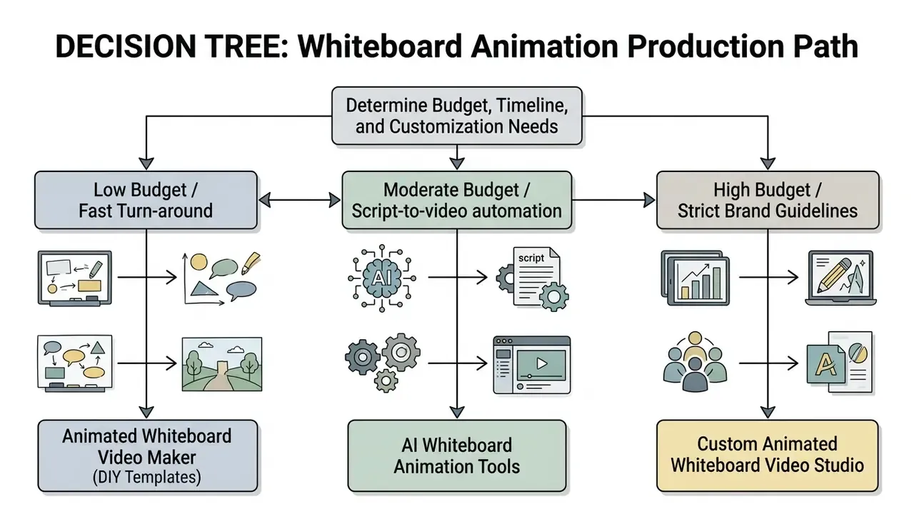 Decision tree flowchart mapping budget and project needs to three distinct video production paths
