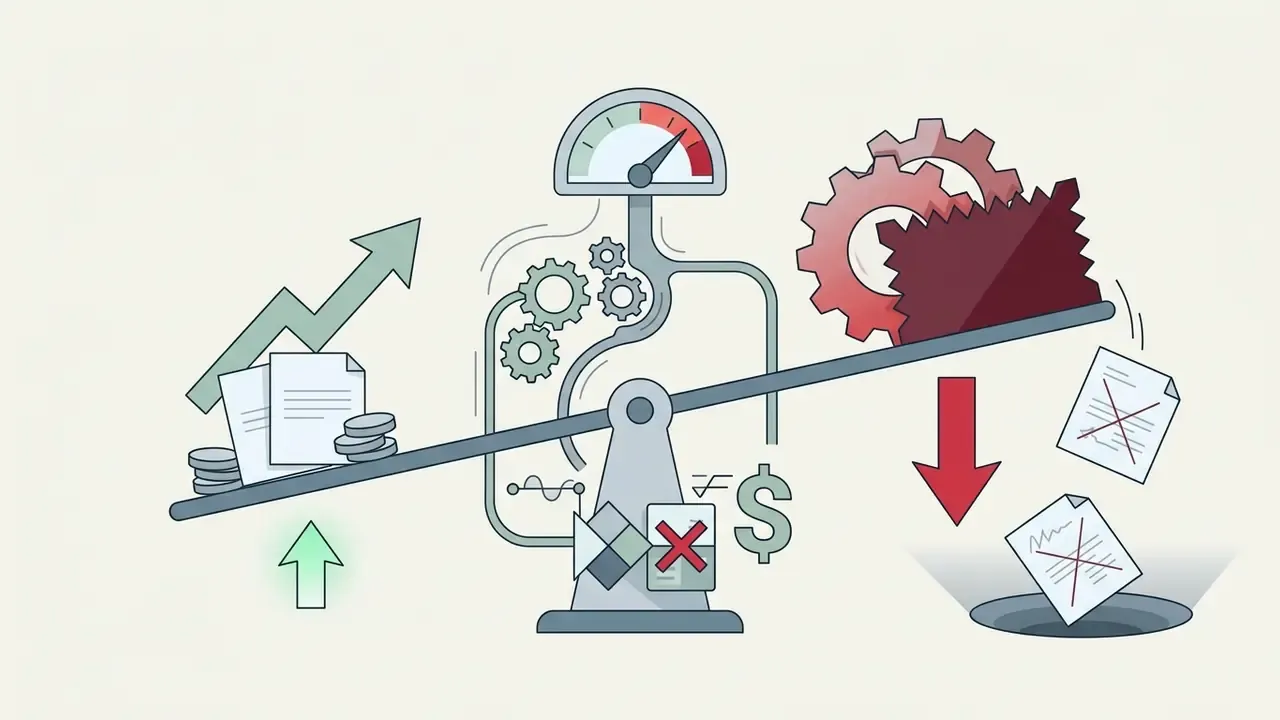 Balance scale weighing assets against rejected documents falling into a hole with a gauge and gears