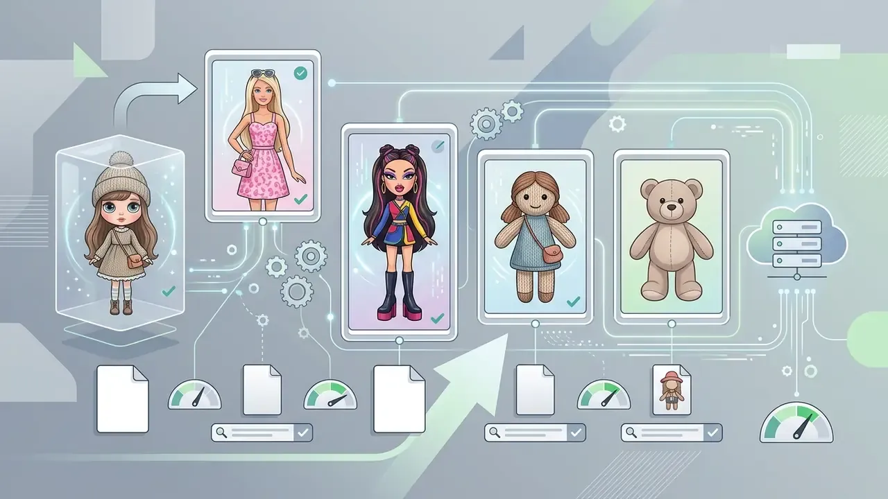 Digital interface showing various doll characters connected by lines to server icons and data files
