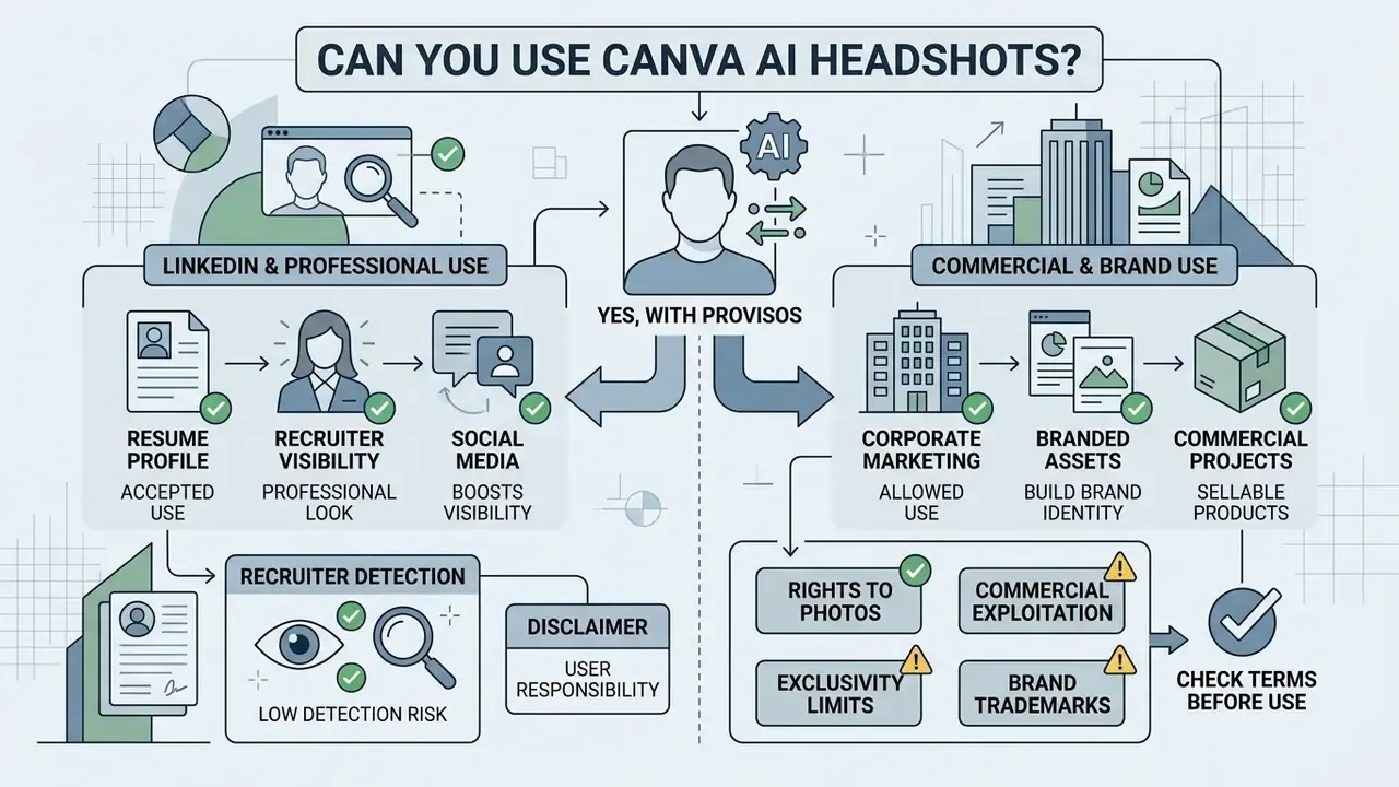 Flowchart outlining professional and commercial use cases for AI portraits with legal considerations