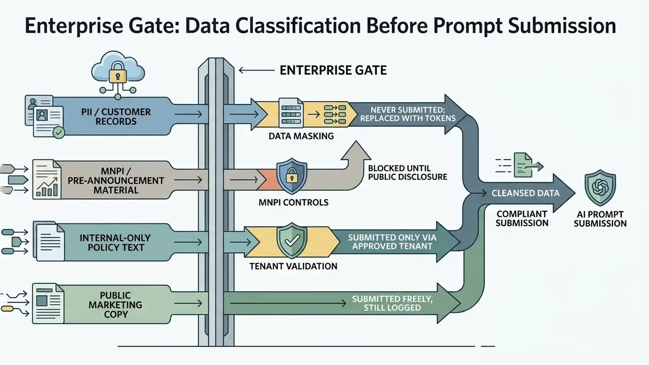 Diagram showing data classification workflows that filter sensitive information before AI prompt submission