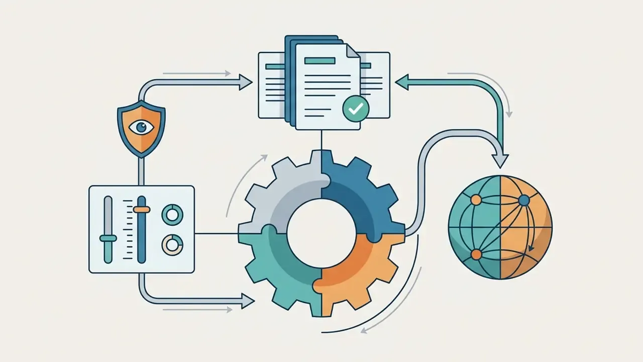 Central gear mechanism connecting compliance documents, security monitoring, and global network distribution
