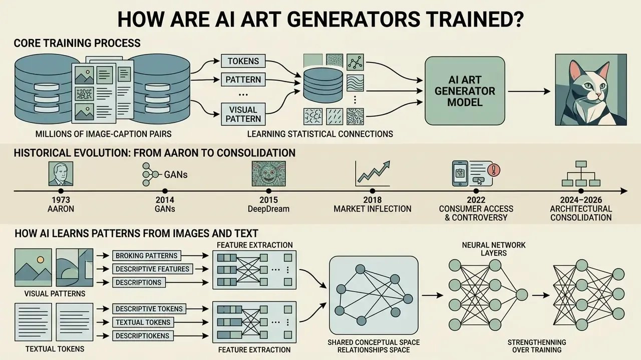 Infographic showing how AI art works through data processing, historical milestones, and neural networks
