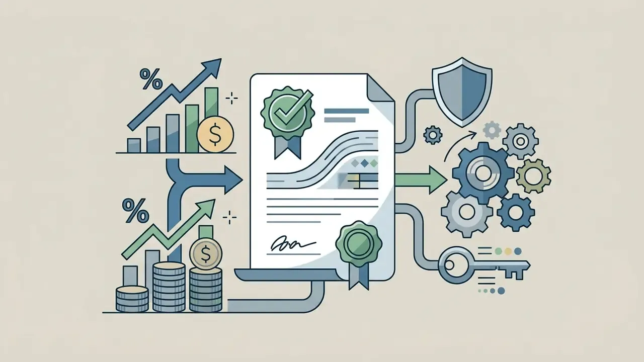 Financial charts and coin stacks feeding into a legal document linked to a shield, gears, and a key icon