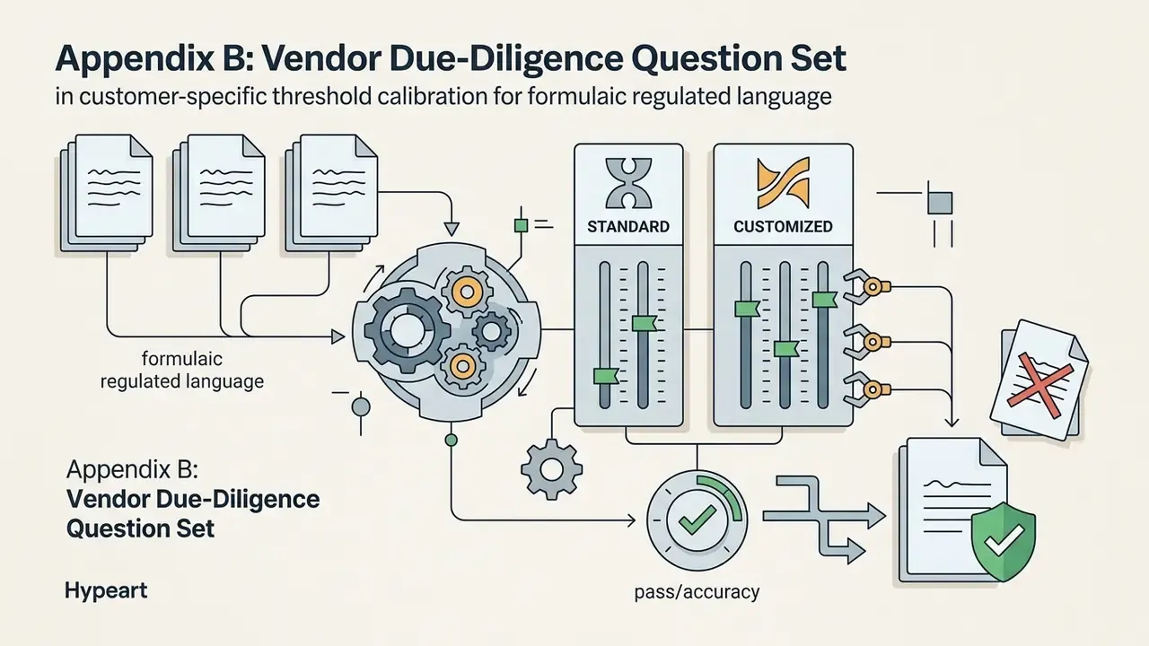 Regulated language documents feeding into a gear processor and sliders to determine pass or fail status