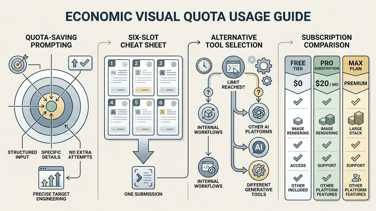 Visual guide outlining prompt engineering, quota management, and subscription tier differences for AI tools