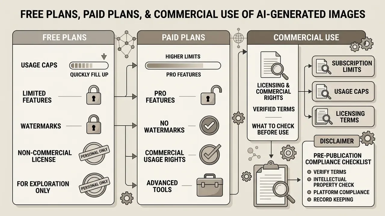 Summary of free and paid AI image generator plans with commercial usage rights and compliance checklists