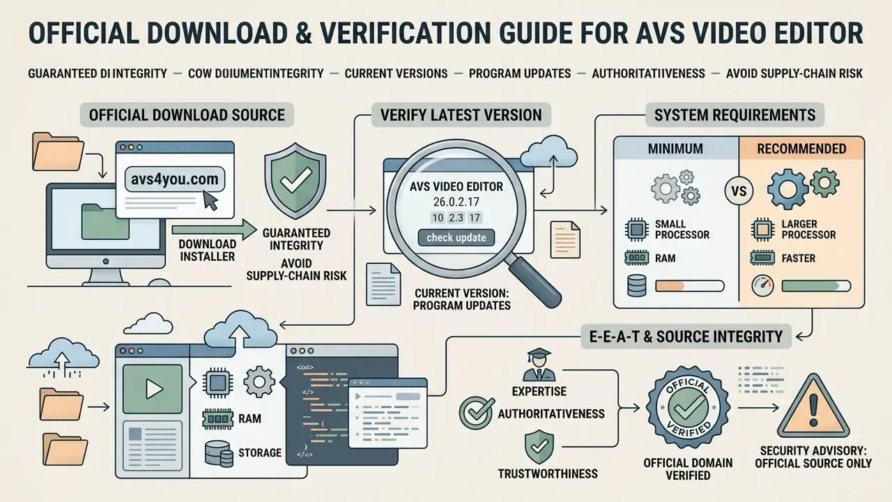 Flowchart outlining the official software download process, system requirements, and security verification