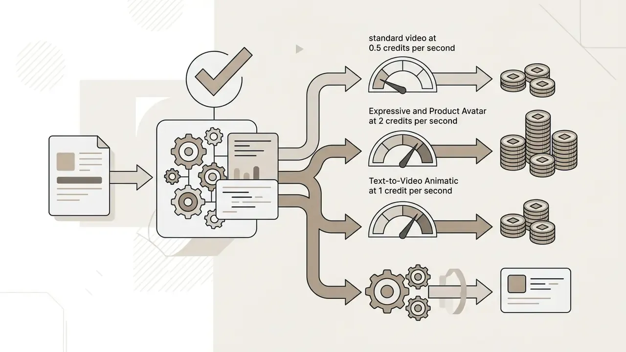 Document icon feeding into a gear mechanism that branches into cost gauges and credit stacks