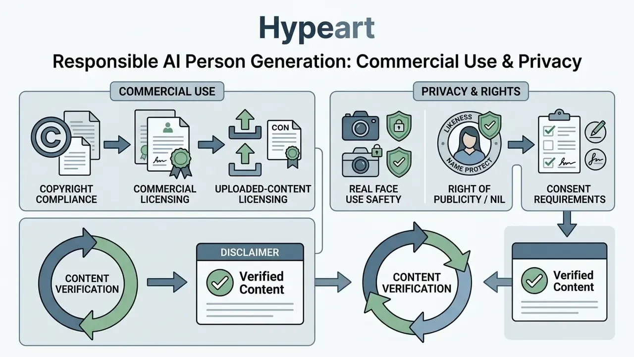 Flowchart outlining legal and ethical considerations for commercial AI person generation and privacy