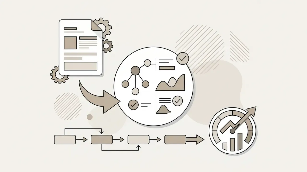 Document and gears feeding into a hub with data nodes and charts, leading to a performance gauge