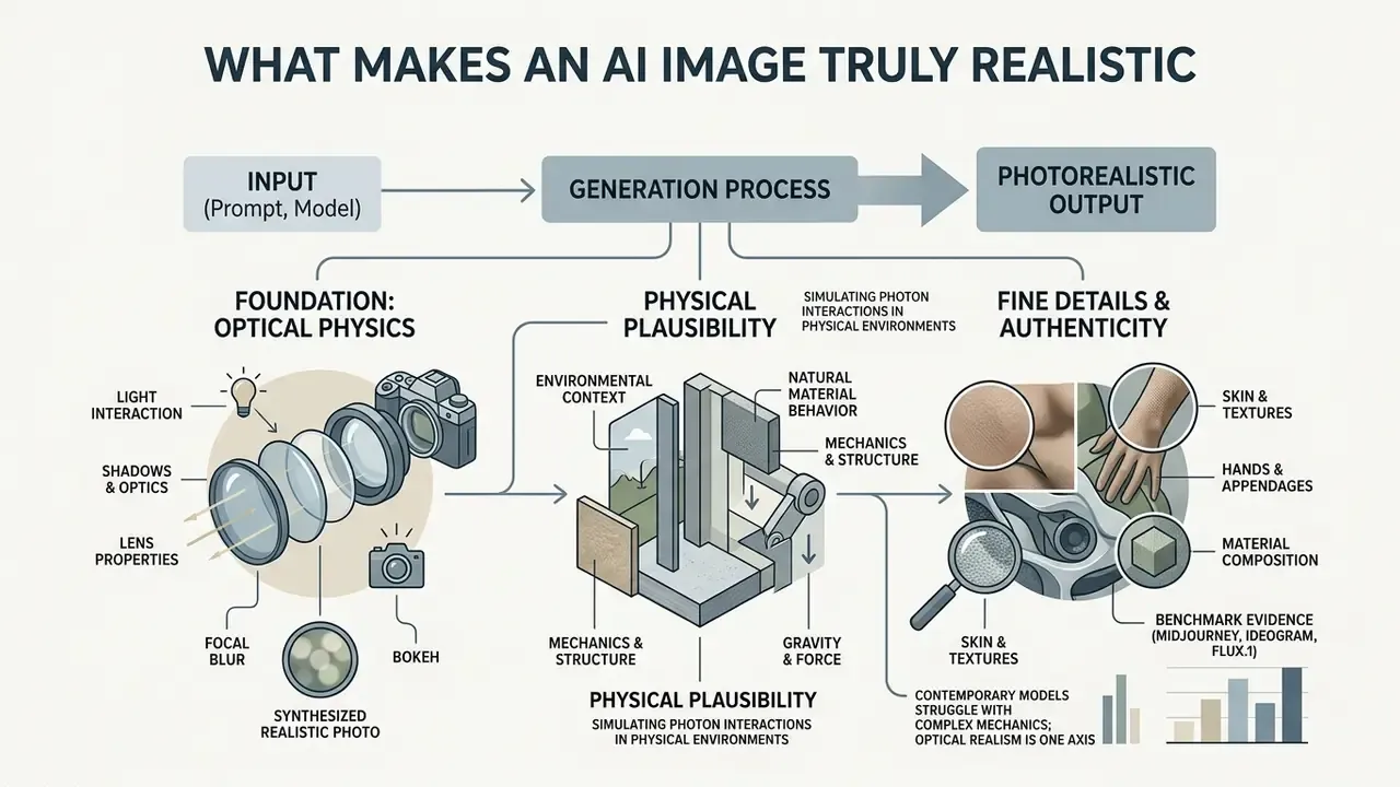 Infographic mapping the optical physics, physical plausibility, and fine details required for synthetic imagery