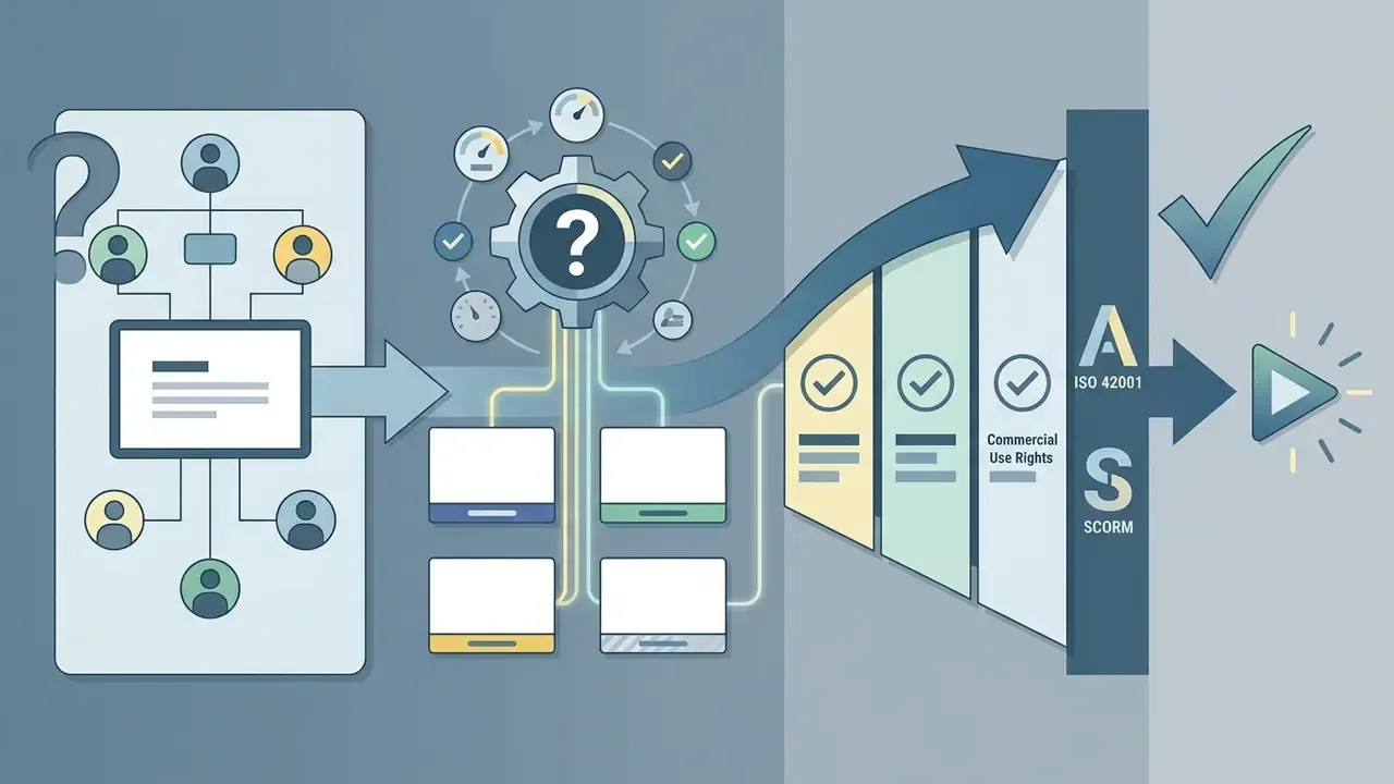 Diagram showing organizational decision steps for AI video creation platform governance and compliance