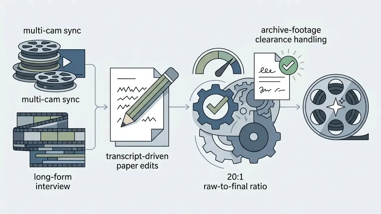 Icons showing multi-cam sync, paper edits, and footage clearance for documentary post-production