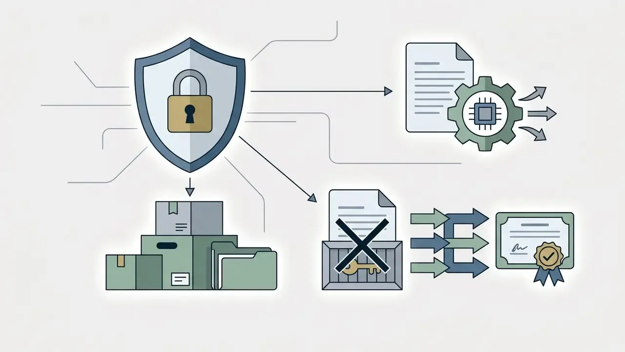 Shield icon connecting to document processing, inventory storage, and restricted key management workflows