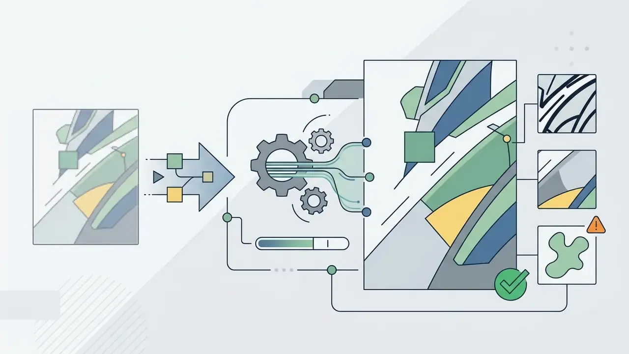 Vector illustration showing an anime image being processed by gears and analyzed for line and color quality