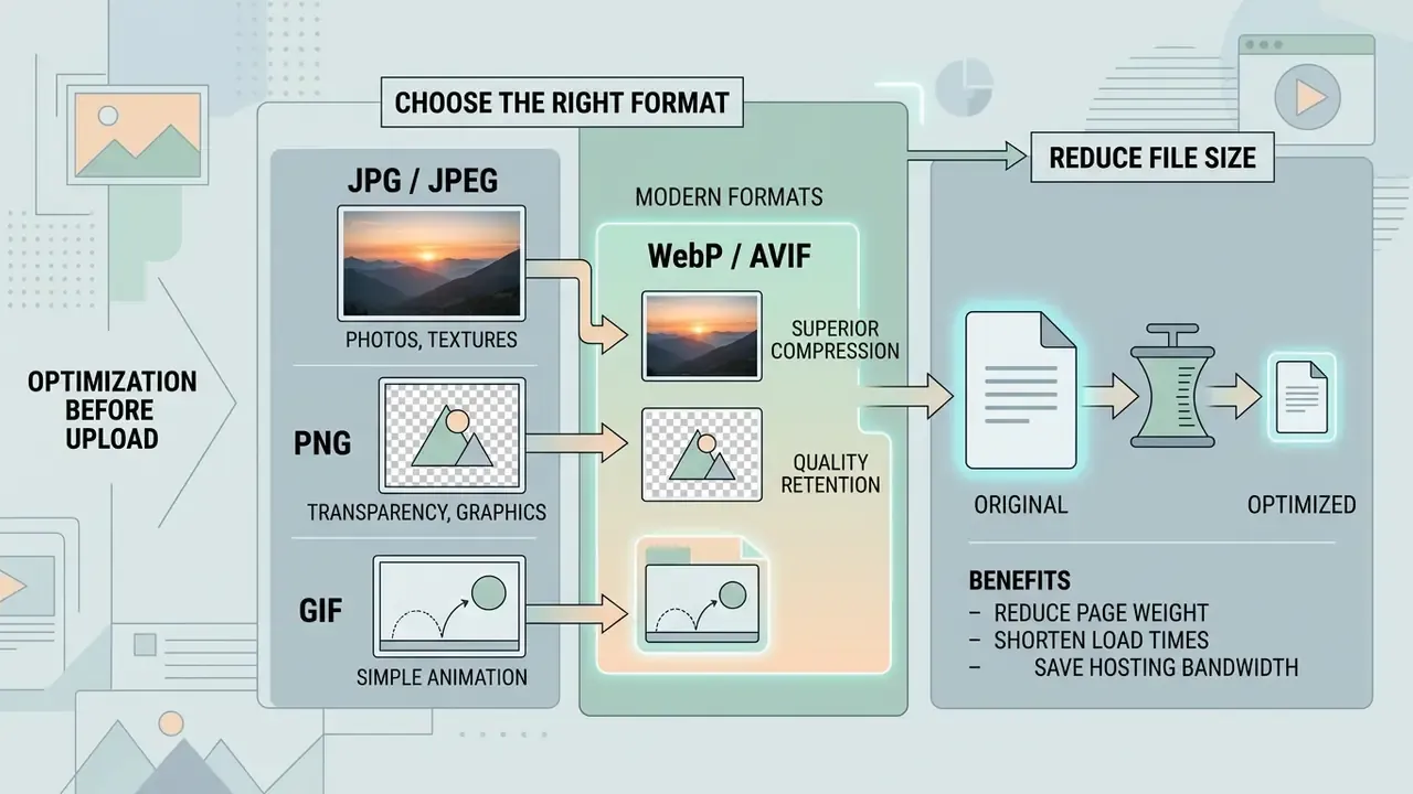 Infographic comparing image file formats and showing the process of compressing files for better performance