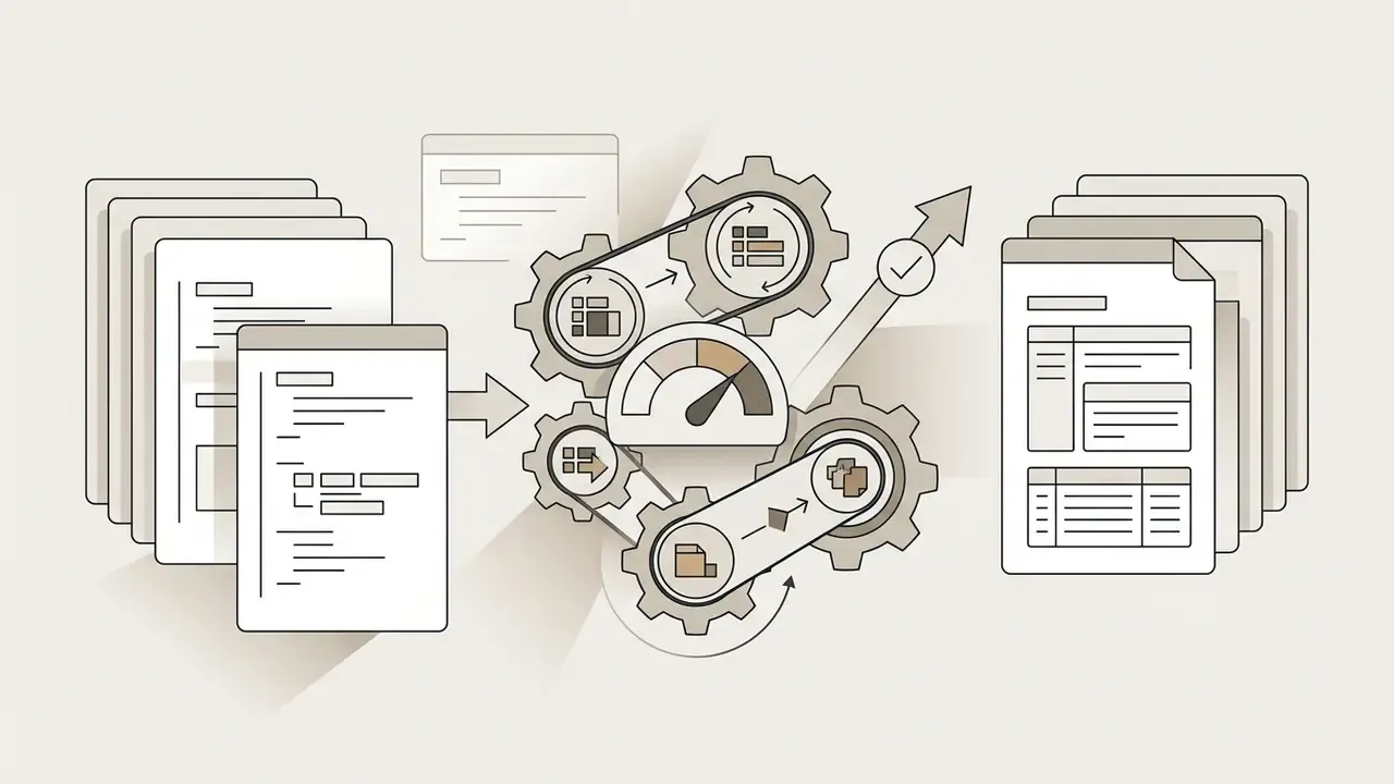 Data files moving through a gear mechanism to produce transformed reports and a status gauge