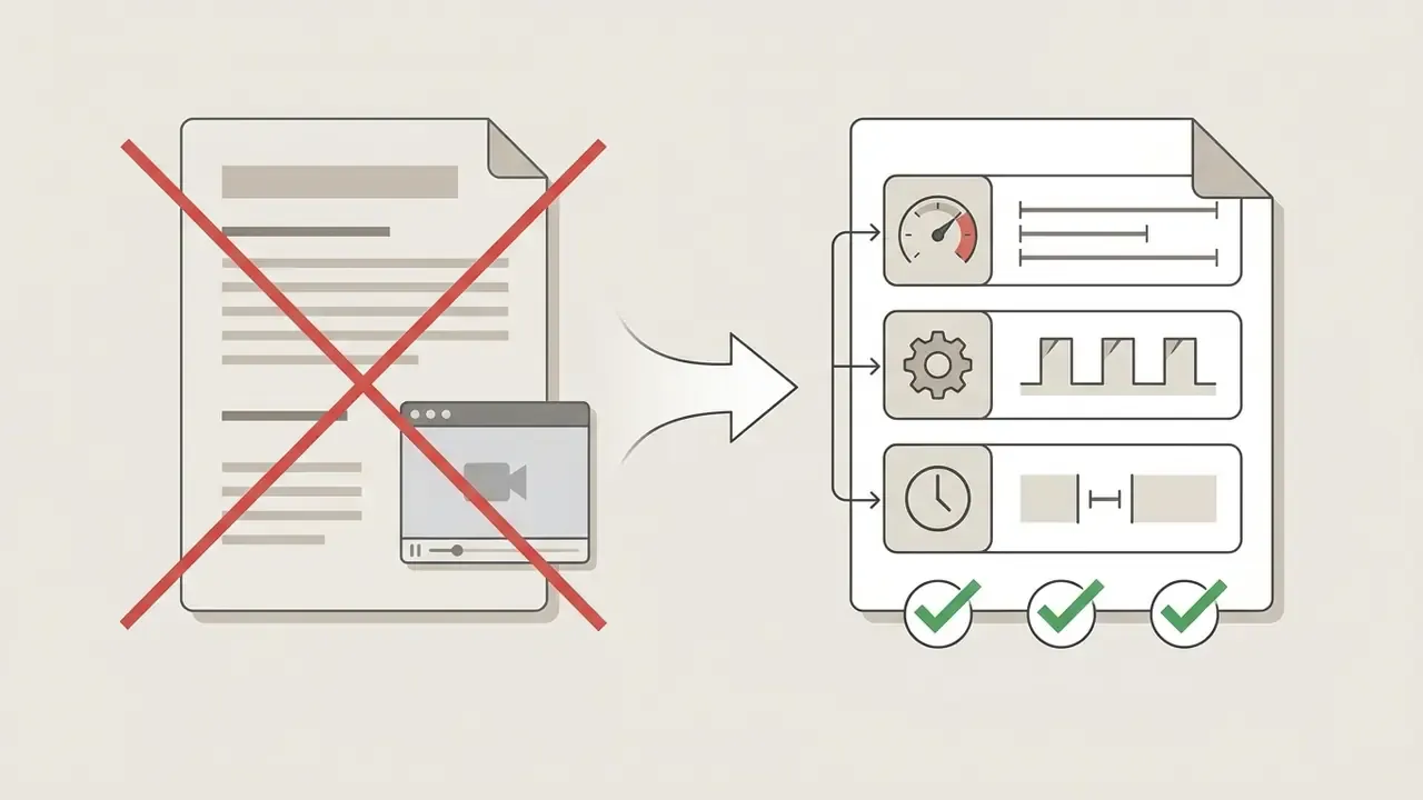 Document with a video icon crossed out and replaced by a list of statistical metrics with checkmarks