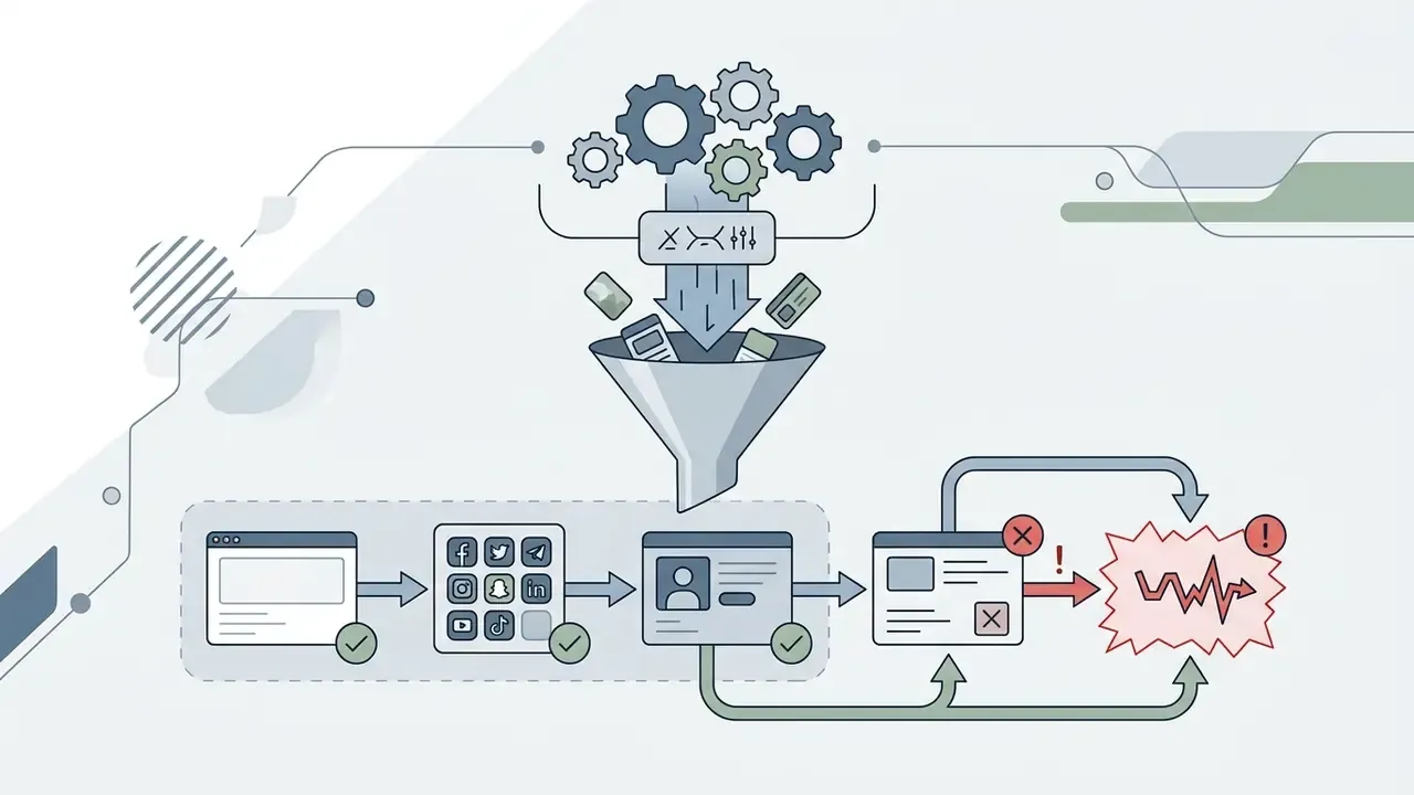 Gears and a funnel processing digital identity icons into a verification workflow with error markers